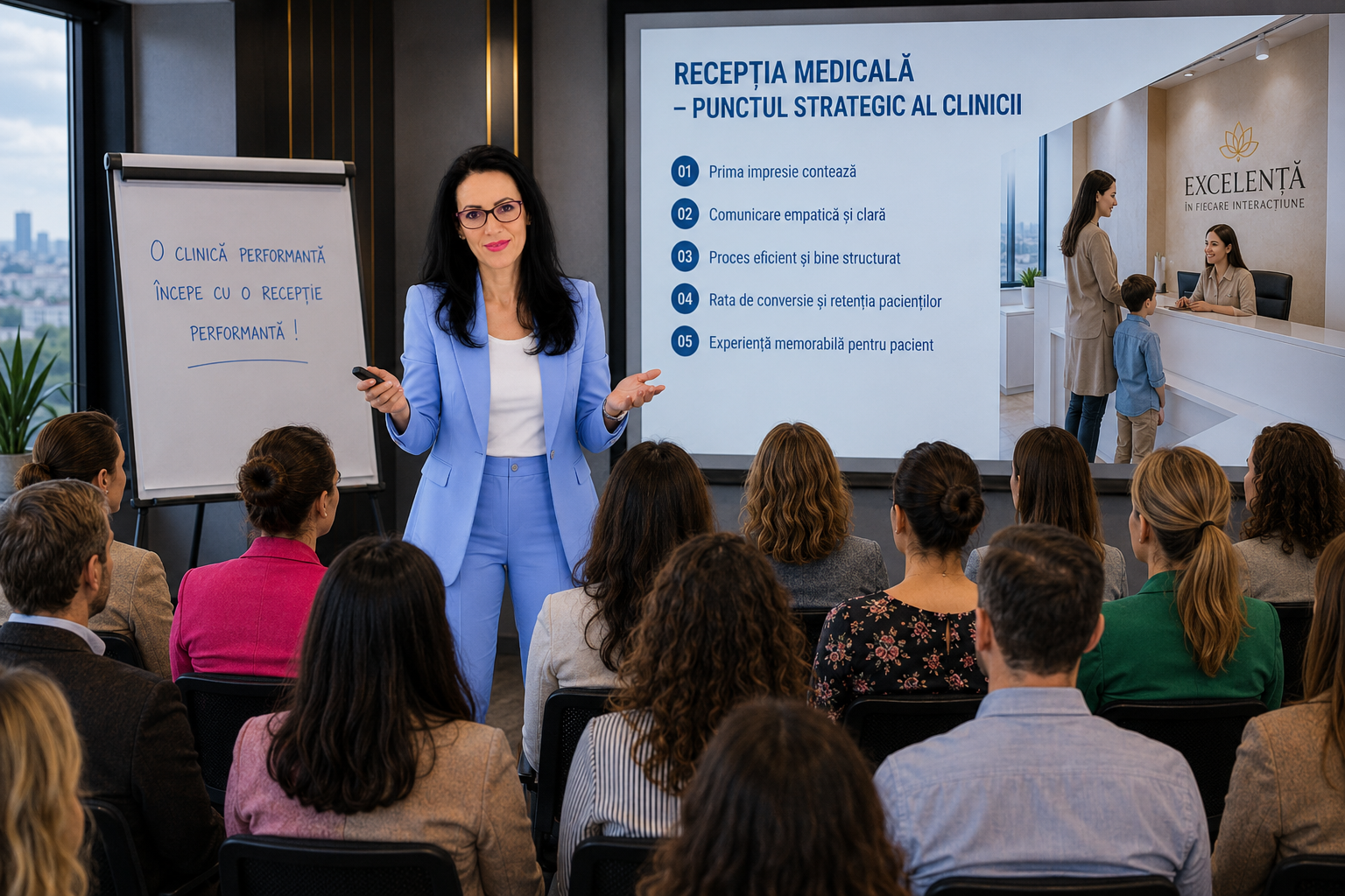 Emilia Davidescu susținând o prezentare despre recepția medicală